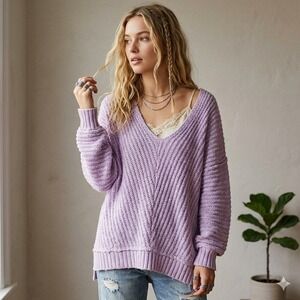 Free People Sunset Sweater Womens Small Lavender Purple Chunky Knit Oversized